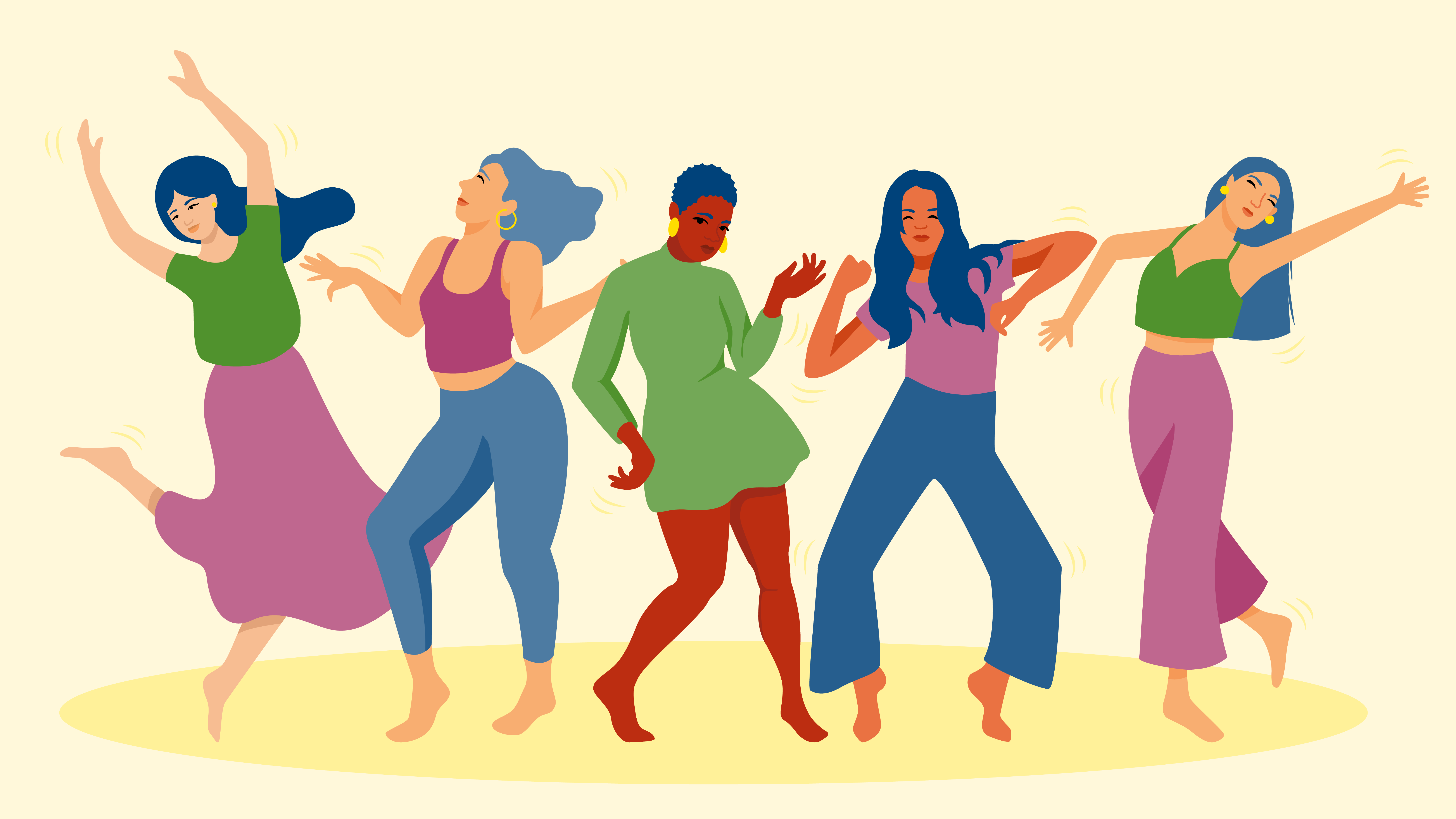 Grosse diverse Frauengruppe, in deren Mitte eine Frau den Arm kraftvoll beugt.