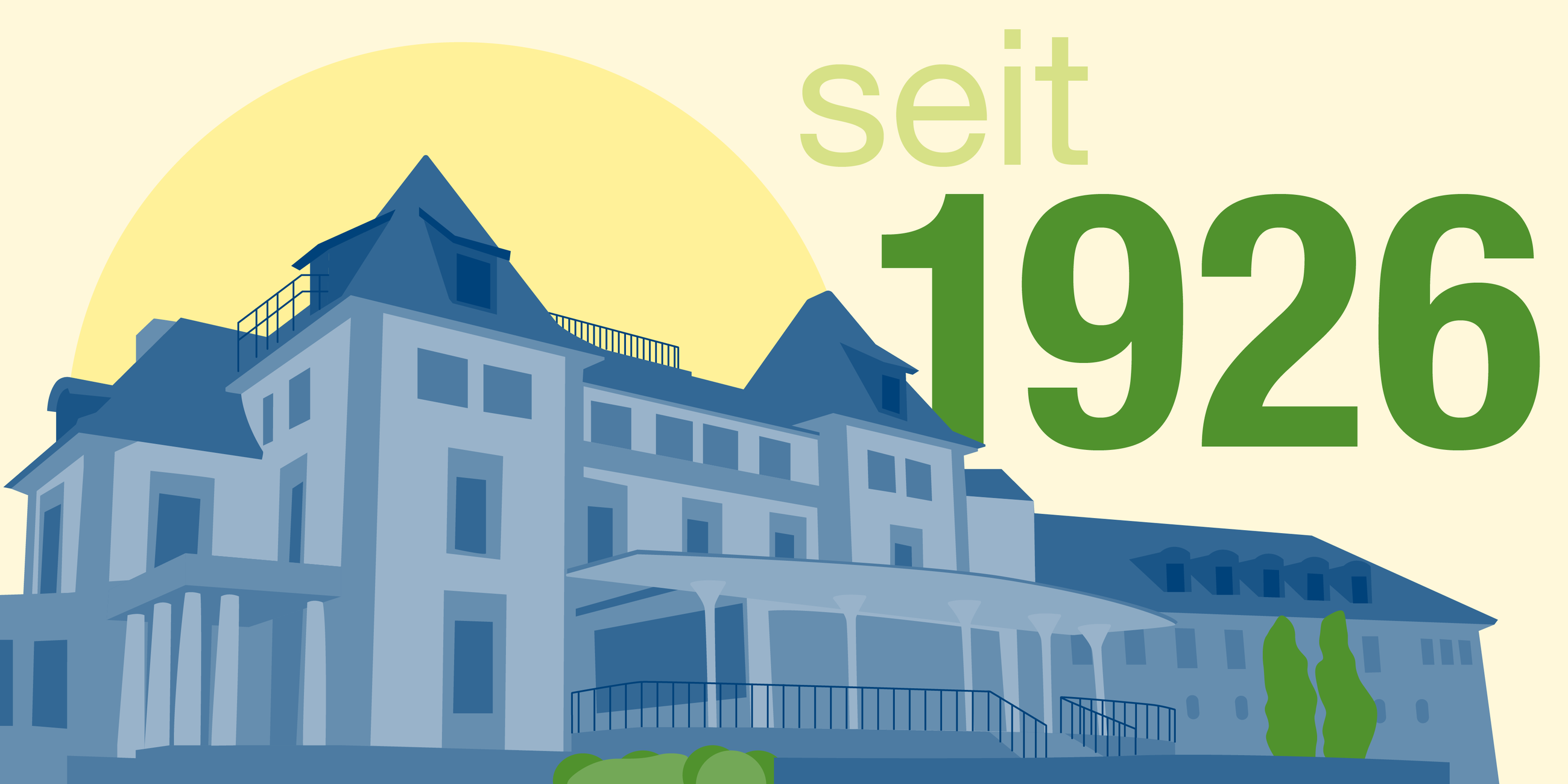 Illustration des Klinikgebäudes Meissenberg mit grosser Aufschrift seit 1926 - als Symbolbild für die lange Tradition der Frauenklinik Meissenberg.