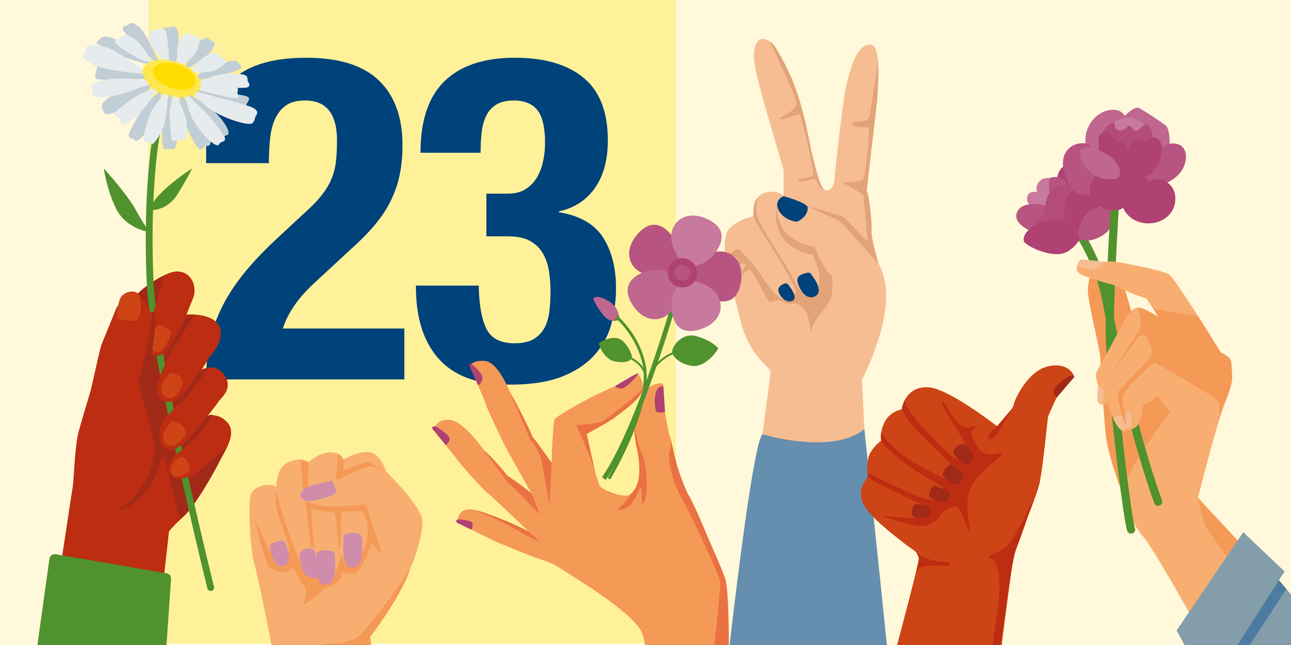 Illustration mehrerer Hände mit Blüten vor der Zahl 18; Sinnbild für die internationale Herkunft der Mitarbeiterinnen aus achtzehn Ländern.