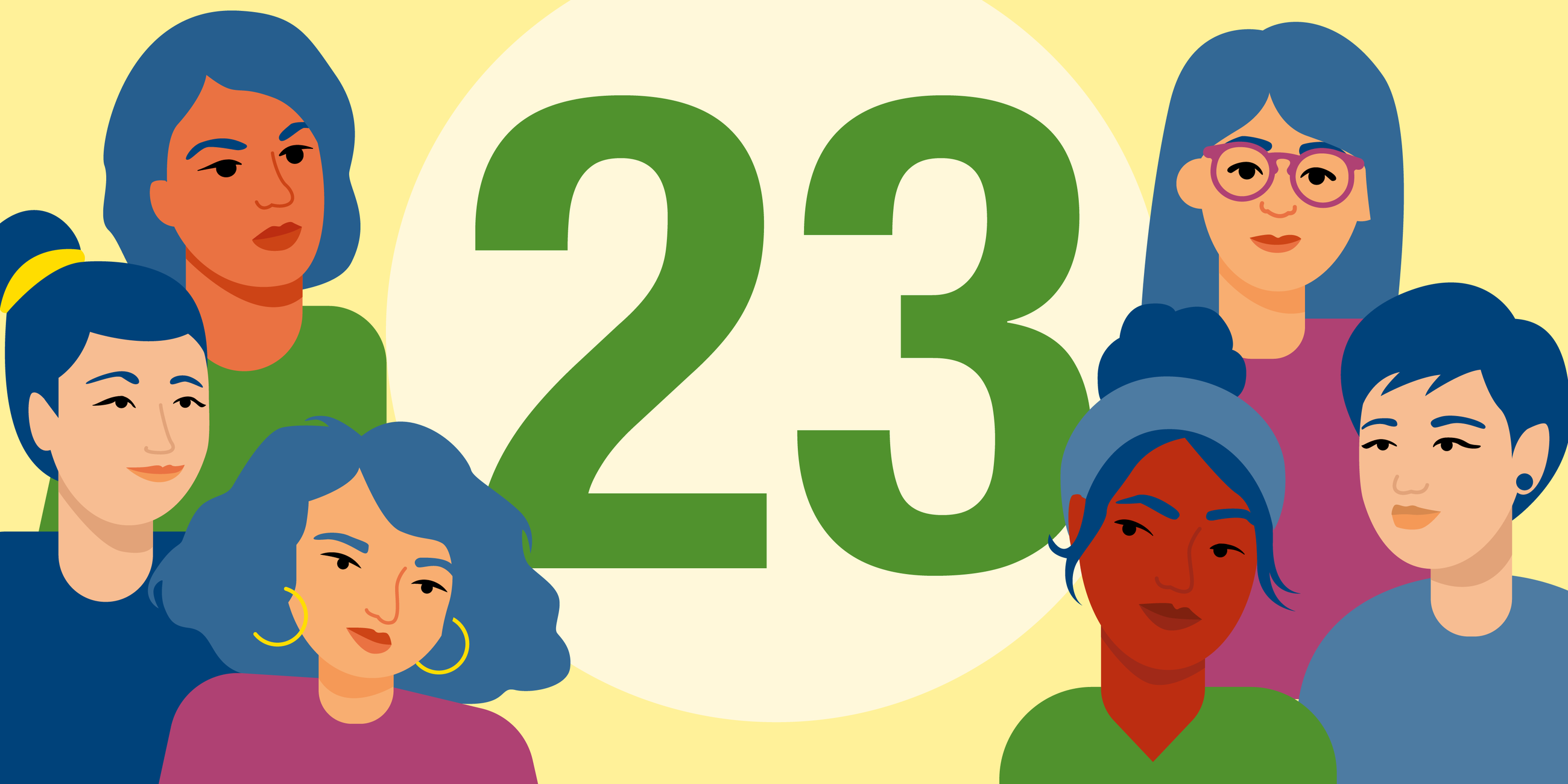 Illustration von Frauen mit verschiedenen Frisuren und Stilen vor der Zahl 25; Sinnbild für die Vielfalt an Nationalitäten unter den Patientinnen.