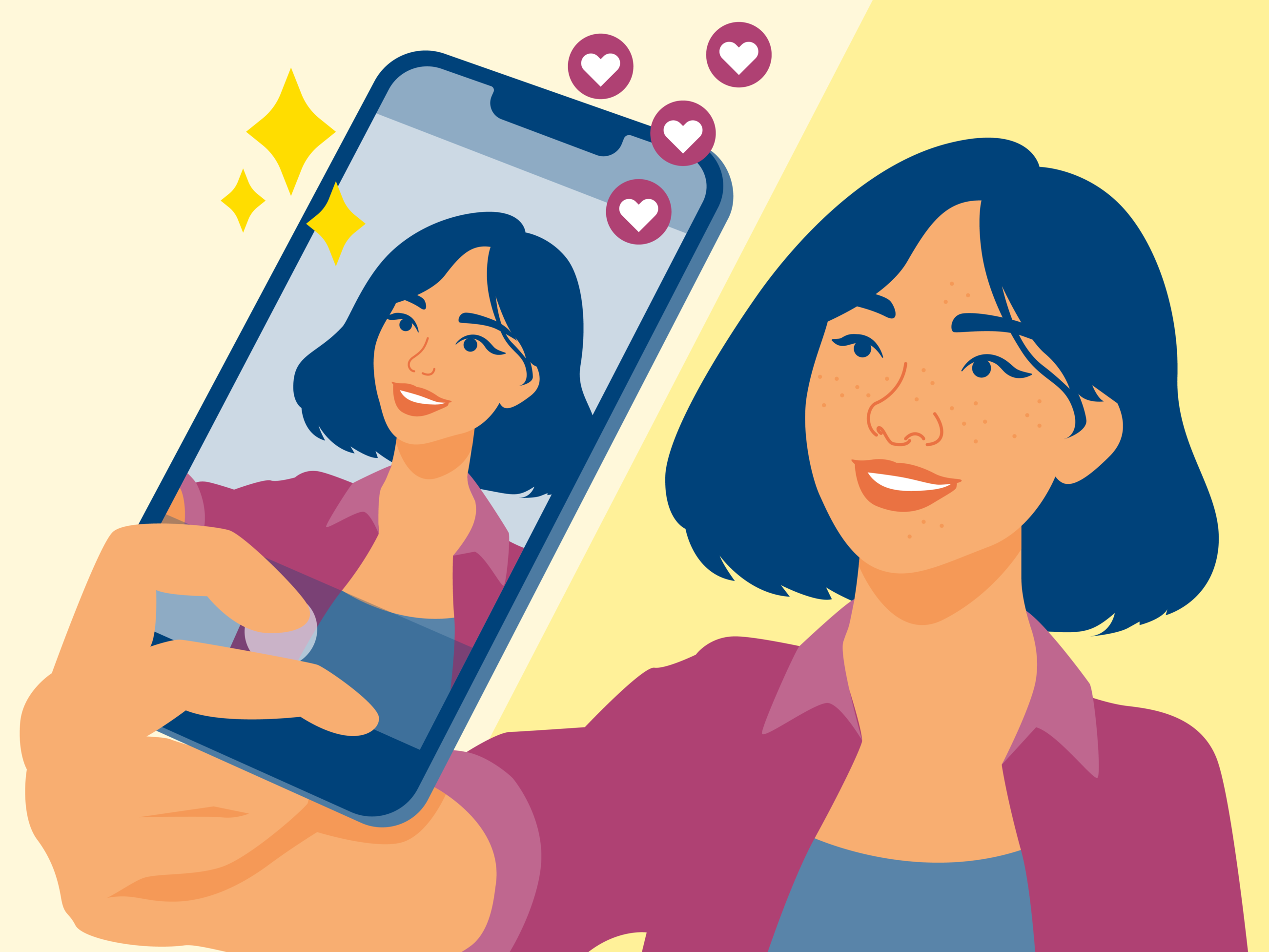 Illustration einer Frau, die mit dem Smartphone ein Selfie macht.