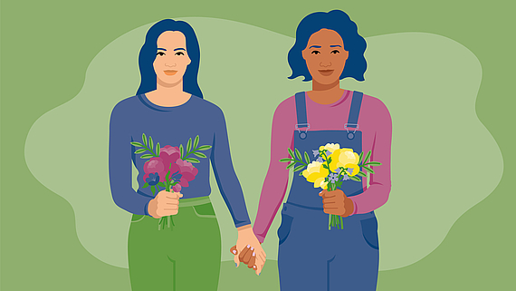 Illustration von zwei Frauen vor grünem Hintergrund, die Händchen und jeweils in der anderen Hand einen Blumenstrauss halten.